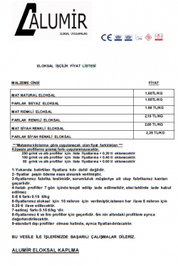 ELOKSAL KAPLAMA FİYAT LSİTESİ
